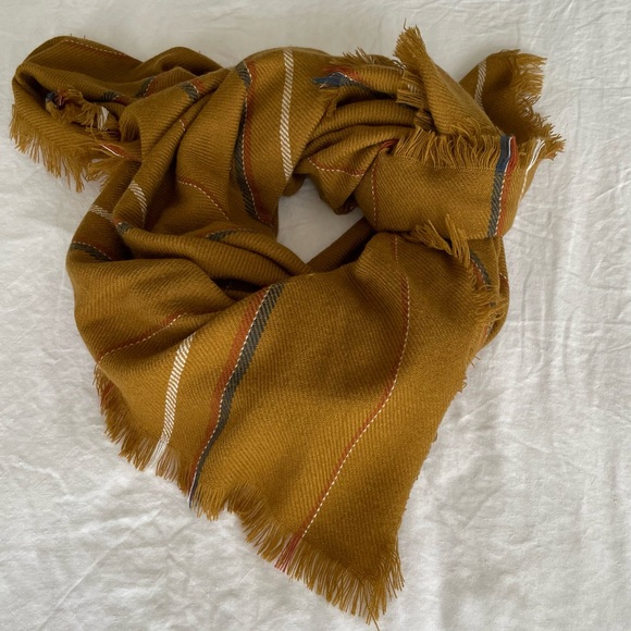 Woolen Blanket Scarf or Throw Blanket Camel Tan with stripes